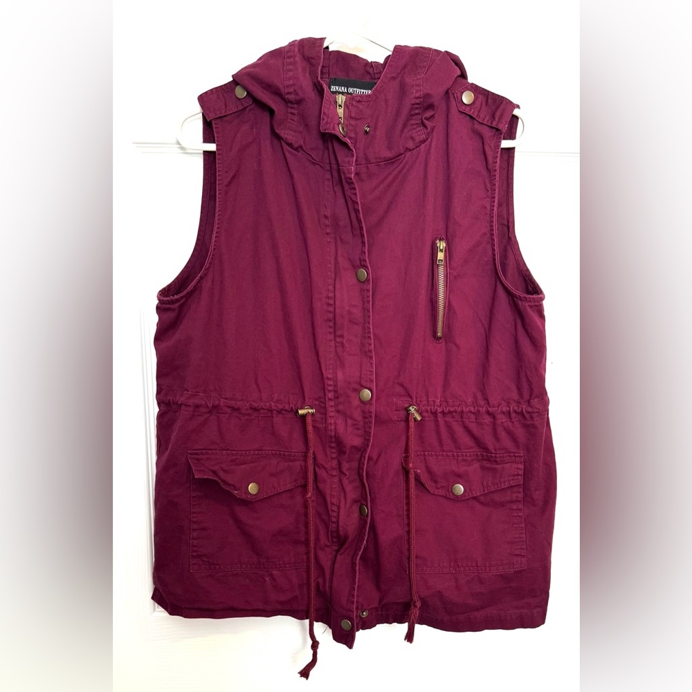 Maroon Zenana Outfitters Hooded Military Style Vest 2X Zippers Snaps Draw-String